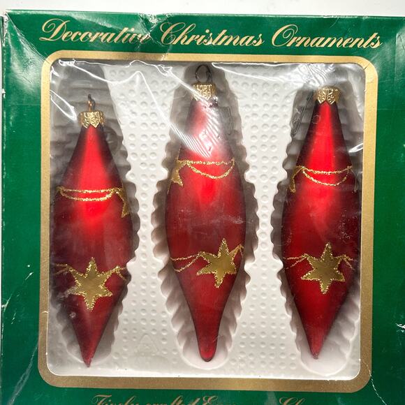 Vintage Krebs Hand Blown Glass Red & Gold Icicle Christmas Ornaments Set of 3 - Picture 2 of 4